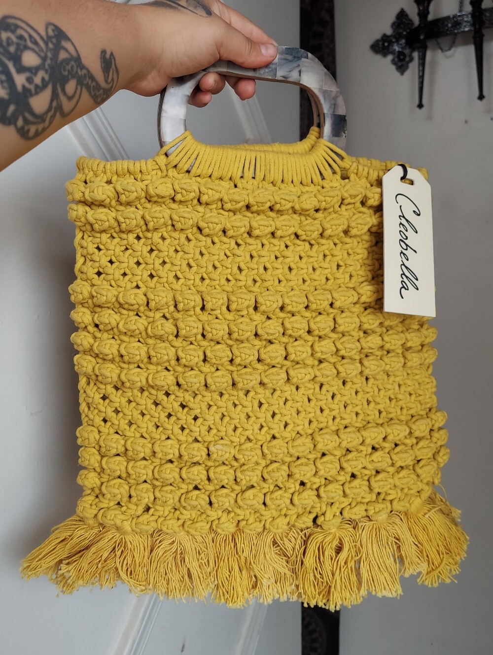 Cleobella Chartreuse Macarame Crochet Hand Held Bag NWT